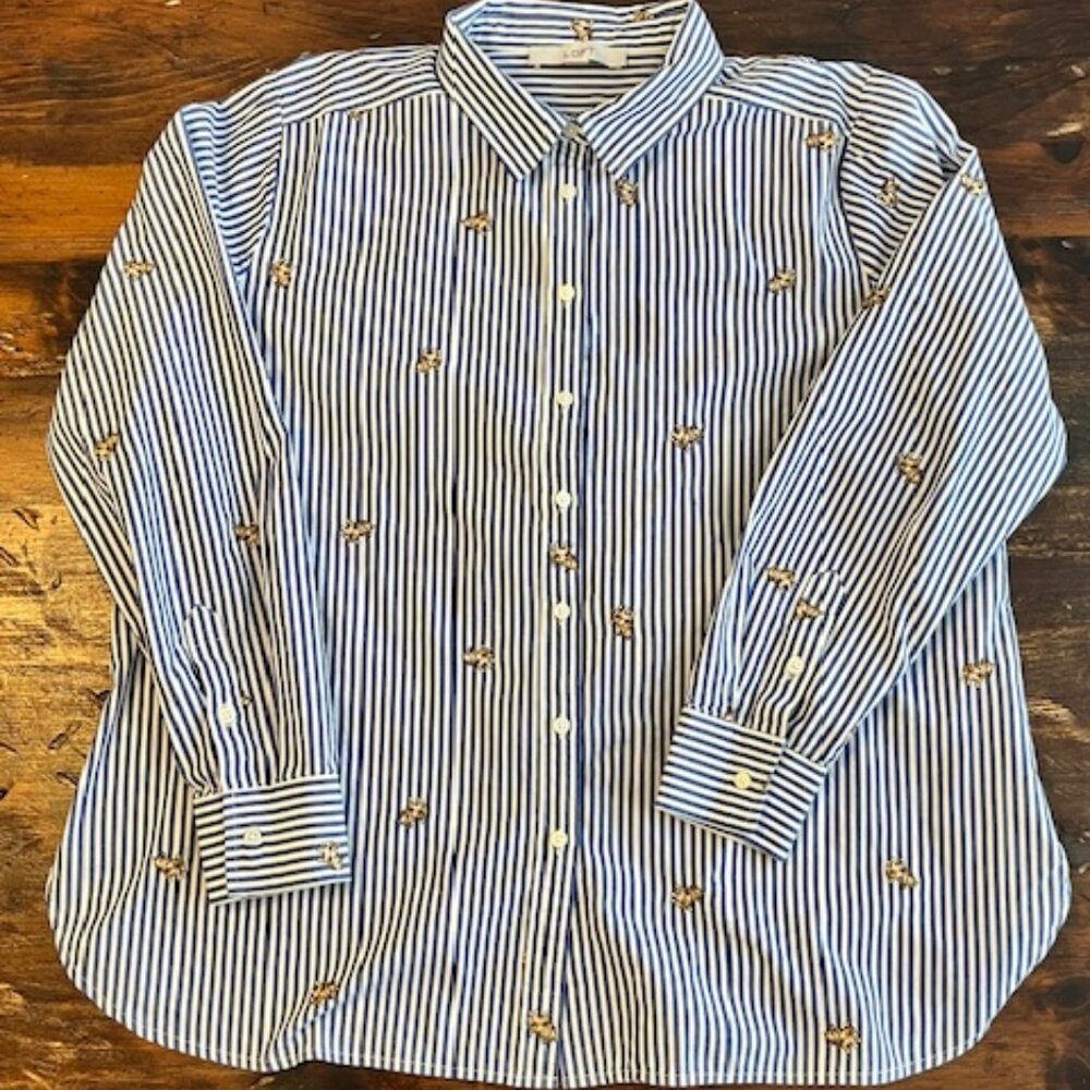 LOFT Stripe Button Down w/ Embroidered Dogs